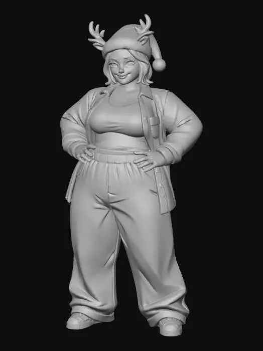 3D model for Toma como referencia la foto. Convierte a la persona en un personaje estilo anime. conserva su estatura y cuerpo. no lentes no sombrero. ropa estilo homie. cholo. con pantalones cholos. que cubran los pies. y solo la punta de los tenis salga. Usando ropa en colores navideños. Con gorro de santa claus. y cuernos de reno. como diadema  Haciendo poses de gaster. la ropa entallada en las blusas o chamarras abiertas con tank tops por debajo pero pegados al cuerpo.