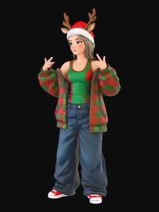 3D model for Toma como referencia la foto. Convierte a la persona en un personaje estilo anime. conserva su estatura y cuerpo. no lentes no sombrero. ropa estilo homie. cholo. con pantalones cholos. que cubran los pies. y solo la punta de los tenis salga. Usando ropa en colores navideños. Con gorro de santa claus. y cuernos de reno. como diadema  Haciendo poses de gaster. la ropa entallada en las blusas o chamarras abiertas con tank tops por debajo pero pegados al cuerpo.