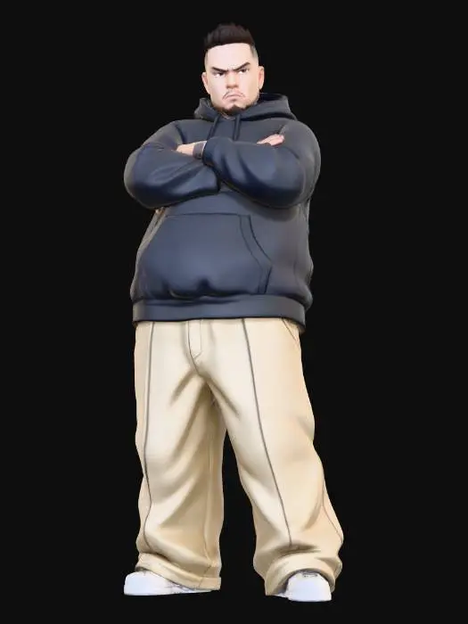 3D model for Toma como referencia la foto. Convierte a la persona en un personaje estilo anime. conserva su estatura y cuerpo. no lentes no sombrero. ropa estilo homie. cholo. con pantalones cholos. que cubran los pies. y solo la punta de los tenis salga. has el personaje no mas parecido a la persona de la foto pero en el formato que se ha mencionado. tambien la pose de gasnter con sus brazos cruzados. o en sus pantalones