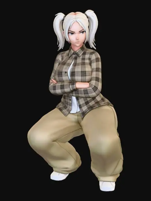 3D model for Toma como referencia la foto. Convierte a la persona en un personaje estilo anime. conserva su estatura y cuerpo. no lentes no sombrero. ropa estilo homie. cholo. con pantalones cholos. que cubran los pies. y solo la punta de los tenis salga. camisa de manga larga abrochada en el cuello,  y abierta, por debajo trae un polera blanca.  cabello claro. con dos coletas.  con sus pechos copa D. y gluteos grandes y redondoss. talla mediana. y  poses de ganster, usa el modelo enla imagen exactamente igual pero en distinta pose, misma ropa en color y estilo. una pose de cuclillas 
 y sus brazos cruzados.