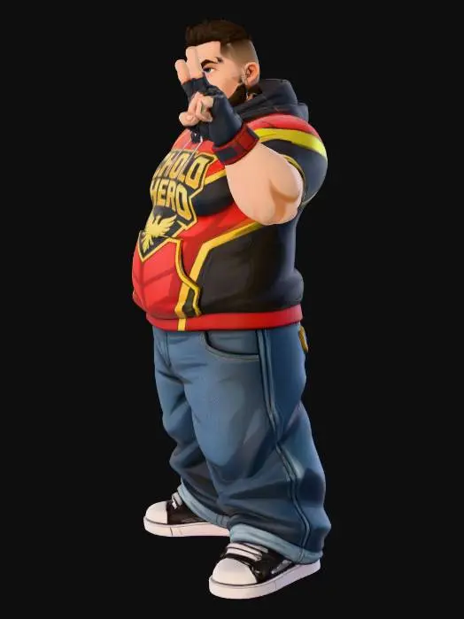 3D model for Toma como referencia la foto. Convierte a la persona en un personaje estilo anime. conserva su estatura y cuerpo. no lentes no sombrero. ropa estilo homie. cholo. con pantalones cholos. que cubran los pies. y solo la punta de los tenis salga. convertielo en un superherore. pero conservando su aspecto y talla xl.