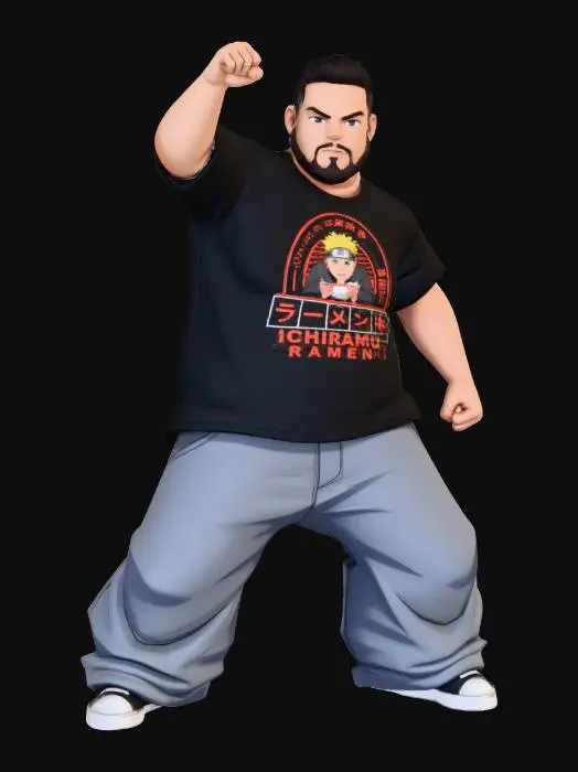 3D model for Toma como referencia la foto. Convierte a la persona en un personaje estilo anime. conserva su estatura y cuerpo. no lentes no sombrero. ropa estilo homie. cholo. con pantalones cholos. que cubran los pies. y solo la punta de los tenis salga. convertielo en un superherore. pero conservando su aspecto y talla xl.  con poses de ssuper heroe