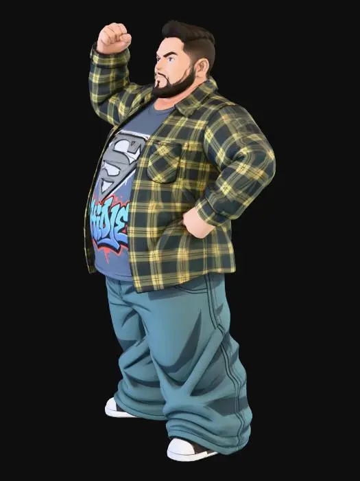 3D model for Toma como referencia la foto. Convierte a la persona en un personaje estilo anime. conserva su estatura y cuerpo. no lentes no sombrero. ropa estilo homie. cholo. con pantalones cholos. que cubran los pies. y solo la punta de los tenis salga. convertielo en un superherore. pero conservando su aspecto y talla xl.  con poses de ssuper heroe