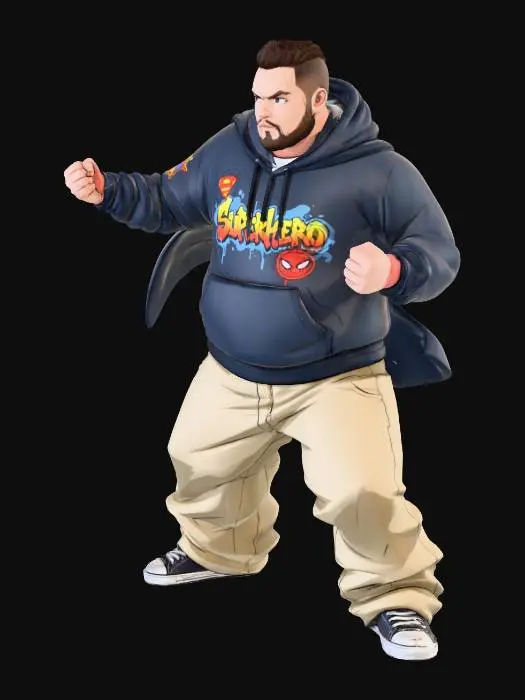 3D model for Toma como referencia la foto. Convierte a la persona en un personaje estilo anime. conserva su estatura y cuerpo. no lentes no sombrero. ropa estilo homie. cholo. con pantalones cholos. que cubran los pies. y solo la punta de los tenis salga. convertielo en un superherore. pero conservando su aspecto y talla xl.  con poses de ssuper heroe
