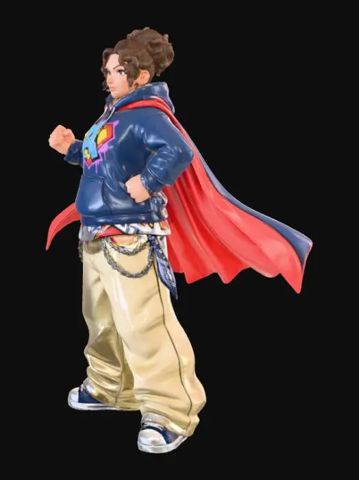 3D model for Toma como referencia la foto. Convierte a la persona en un personaje estilo anime. conserva su estatura y cuerpo. no lentes no sombrero. ropa estilo homie. cholo. con pantalones cholos. que cubran los pies. y solo la punta de los tenis salga. Usando ropa  de super heroe. Poses de superheroe.