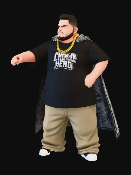 3D model for Toma como referencia la foto. Convierte a la persona en un personaje estilo anime. conserva su estatura y cuerpo. no lentes no sombrero. ropa estilo homie. cholo. con pantalones cholos. que cubran los pies. y solo la punta de los tenis salga. convertielo en un superherore. pero conservando su aspecto y talla xl. Poses de super heroe.