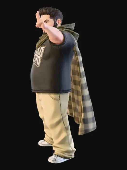 3D model for Toma como referencia la foto. Convierte a la persona en un personaje estilo anime. conserva su estatura y cuerpo. no lentes no sombrero. ropa estilo homie. cholo. con pantalones cholos. que cubran los pies. y solo la punta de los tenis salga. convertielo en un superherore. pero conservando su aspecto y talla xl. Poses de super heroe.