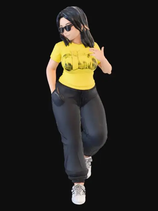 3D model for Toma como referencia la foto. Convierte a la persona en un personaje estilo anime. coserva tamaño corporal  Lo mas parecido en aspecto al 100% 
quita el arbol. un poco rellenita tipo talla grande. . Con sus pechos copa DD. Y sus caderas anchas. Con su gluteos redondos. Poses. Cuerpo completo usado pataloes baggy y playeras pegadas. sin sombrero. con lentes oscuros estilo ganster. poses de homie. tenis addidas