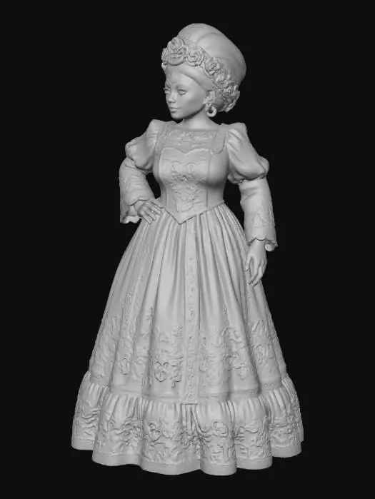 3D model for Toma como referencia la foto. Convierte a la persona en un personaje estilo anime. conserva su estatura y cuerpo. hacer al personaje con vestio y maquillaje de catrina. ropa en rojo y negro.vestido largo tripico de mexico. talla grande. no celular, no lentes, pelo recogido, peinado de catrina, no sombrero. tambien pinta las panos con maquillaje de catrina.