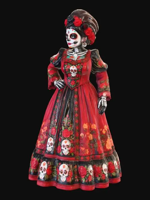 3D model for Toma como referencia la foto. Convierte a la persona en un personaje estilo anime. conserva su estatura y cuerpo. hacer al personaje con vestio y maquillaje de catrina. ropa en rojo y negro.vestido largo tripico de mexico. talla grande. no celular, no lentes, pelo recogido, peinado de catrina, no sombrero. tambien pinta las panos con maquillaje de catrina.