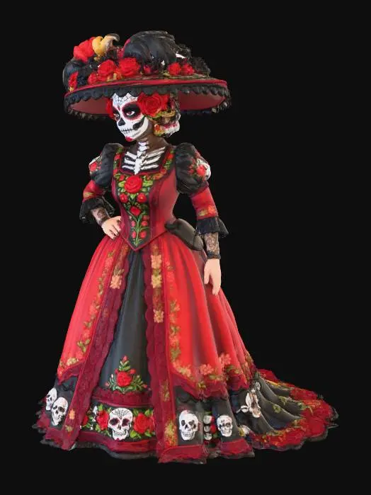 3D model for Toma como referencia la foto. Convierte a la persona en un personaje estilo anime. conserva su estatura y cuerpo. hacer al personaje con vestio y maquillaje de catrina. sombrero de catrina. ropa en rojo y negro.vestido largo tripico de mexico.