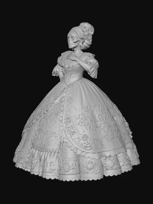 3D model for Toma como referencia la foto. Convierte a la persona en un personaje estilo anime. conserva su estatura y cuerpo. hacer al personaje con vestio y maquillaje de catrina. ropa en rojo y negro.vestido largo tripico de mexico. talla grande. no celular, no lentes, pelo recogido, peinado de catrina, no sombrero. tambien pinta las panos con maquillaje de catrina.