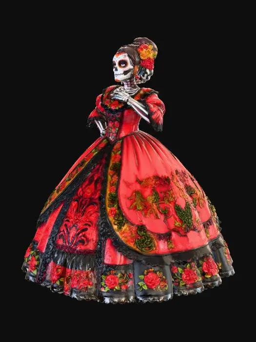 3D model for Toma como referencia la foto. Convierte a la persona en un personaje estilo anime. conserva su estatura y cuerpo. hacer al personaje con vestio y maquillaje de catrina. ropa en rojo y negro.vestido largo tripico de mexico. talla grande. no celular, no lentes, pelo recogido, peinado de catrina, no sombrero. tambien pinta las panos con maquillaje de catrina.