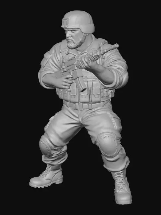 3D model for Toma como referencia la foto. Convierte a la persona en un personaje estilo anime. conserva su estatura y cuerpo. no lentes no sombrero. convertielo en un soldado. pero conservando su aspecto y talla grande . Poses de super heroe. no usar la pose de la foto. usar otras poses. Manten la.talla del cuerpo grande y con m16 en manos . casco. con trajes del army. sin lentes.