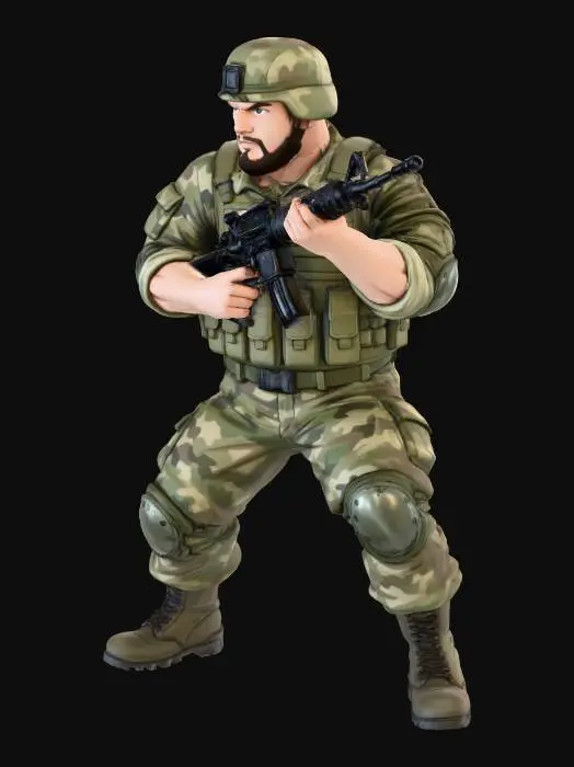 3D model for Toma como referencia la foto. Convierte a la persona en un personaje estilo anime. conserva su estatura y cuerpo. no lentes no sombrero. convertielo en un soldado. pero conservando su aspecto y talla grande . Poses de super heroe. no usar la pose de la foto. usar otras poses. Manten la.talla del cuerpo grande y con m16 en manos . casco. con trajes del army. sin lentes.