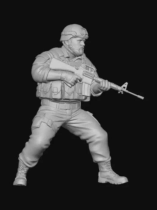 3D model for Toma como referencia la foto. Convierte a la persona en un personaje estilo anime. conserva su estatura y cuerpo. no lentes no sombrero. convertielo en un soldado. pero conservando su aspecto y talla grande . Poses de super heroe. no usar la pose de la foto. usar otras poses. Manten la.talla del cuerpo grande y con m16 en manos . casco. con trajes del army. sin lentes.