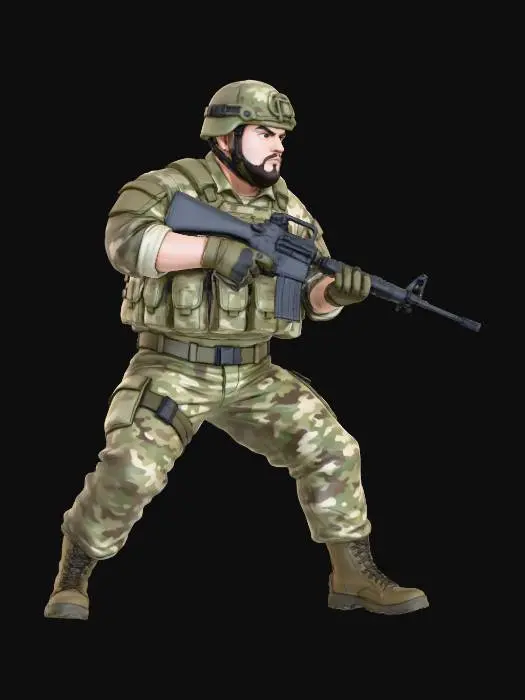 3D model for Toma como referencia la foto. Convierte a la persona en un personaje estilo anime. conserva su estatura y cuerpo. no lentes no sombrero. convertielo en un soldado. pero conservando su aspecto y talla grande . Poses de super heroe. no usar la pose de la foto. usar otras poses. Manten la.talla del cuerpo grande y con m16 en manos . casco. con trajes del army. sin lentes.