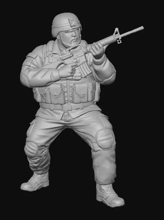 3D model for Toma como referencia la foto. Convierte a la persona en un personaje estilo anime. conserva su estatura y cuerpo. no lentes no sombrero. convertielo en un soldado. pero conservando su aspecto y talla grande . Poses de super heroe. no usar la pose de la foto. usar otras poses. Manten la.talla del cuerpo grande y con m16 en manos . casco. con trajes del army. sin lentes.