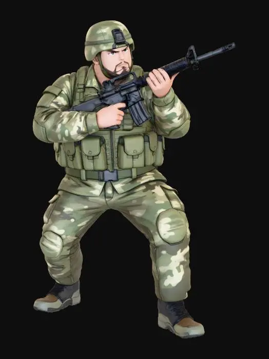 3D model for Toma como referencia la foto. Convierte a la persona en un personaje estilo anime. conserva su estatura y cuerpo. no lentes no sombrero. convertielo en un soldado. pero conservando su aspecto y talla grande . Poses de super heroe. no usar la pose de la foto. usar otras poses. Manten la.talla del cuerpo grande y con m16 en manos . casco. con trajes del army. sin lentes.