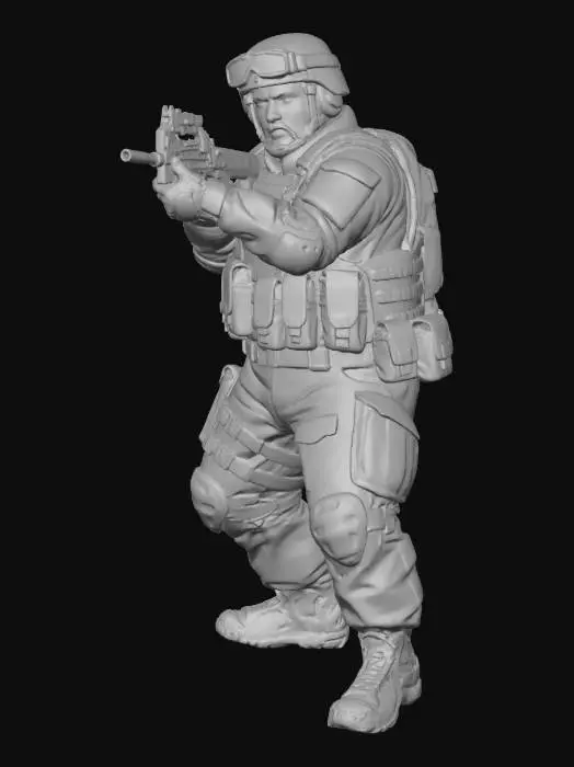 3D model for Toma como referencia la foto. Convierte a la persona en un personaje estilo anime. conserva su estatura y cuerpo. no lentes no sombrero. convertielo en un soldado. pero conservando su aspecto y talla grande . Poses de super heroe. no usar la pose de la foto. usar otras poses. Manten la.talla del cuerpo grande y con p 90 en manos . casco. con trajes del army. sin lentes. en posicion de ataque