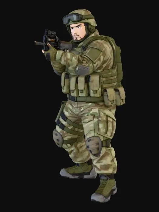 3D model for Toma como referencia la foto. Convierte a la persona en un personaje estilo anime. conserva su estatura y cuerpo. no lentes no sombrero. convertielo en un soldado. pero conservando su aspecto y talla grande . Poses de super heroe. no usar la pose de la foto. usar otras poses. Manten la.talla del cuerpo grande y con p 90 en manos . casco. con trajes del army. sin lentes. en posicion de ataque