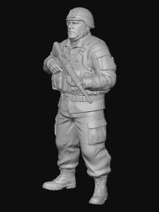 3D model for Toma como referencia la foto. Convierte a la persona en un personaje estilo anime. conserva su estatura y cuerpo. no lentes no sombrero. convertielo en un soldado. pero conservando su aspecto y talla grande . Poses de super heroe. no usar la pose de la foto. usar otras poses. Manten la.talla del cuerpo grande y con m16 en manos . casco. con trajes del army. sin lentes.