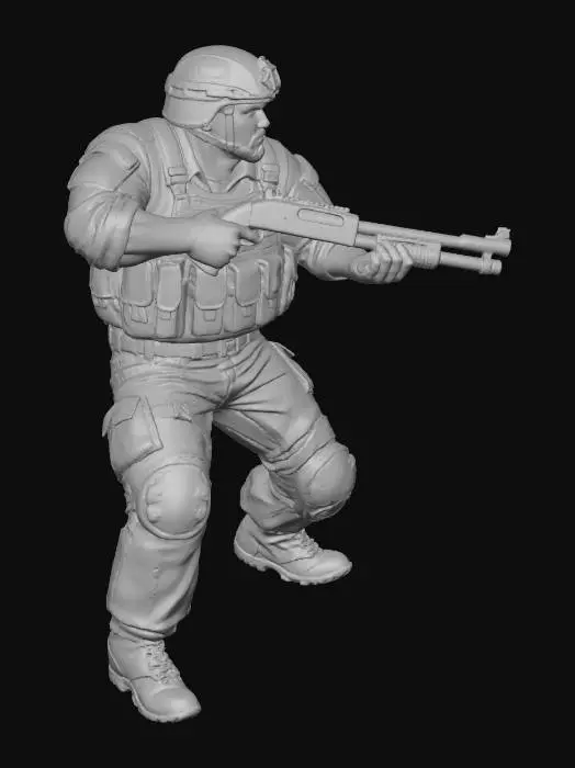 3D model for Toma como referencia la foto. Convierte a la persona en un personaje estilo anime. conserva su estatura y cuerpo. no lentes no sombrero. convertielo en un soldado. pero conservando su aspecto y talla grande . Poses de super heroe. no usar la pose de la foto. usar otras poses. Manten la.talla del cuerpo grande y con shot gun en manos . casco. con trajes del army. sin lentes. en posicion de ataque