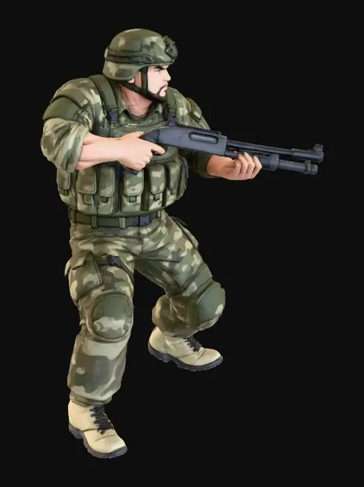 3D model for Toma como referencia la foto. Convierte a la persona en un personaje estilo anime. conserva su estatura y cuerpo. no lentes no sombrero. convertielo en un soldado. pero conservando su aspecto y talla grande . Poses de super heroe. no usar la pose de la foto. usar otras poses. Manten la.talla del cuerpo grande y con shot gun en manos . casco. con trajes del army. sin lentes. en posicion de ataque