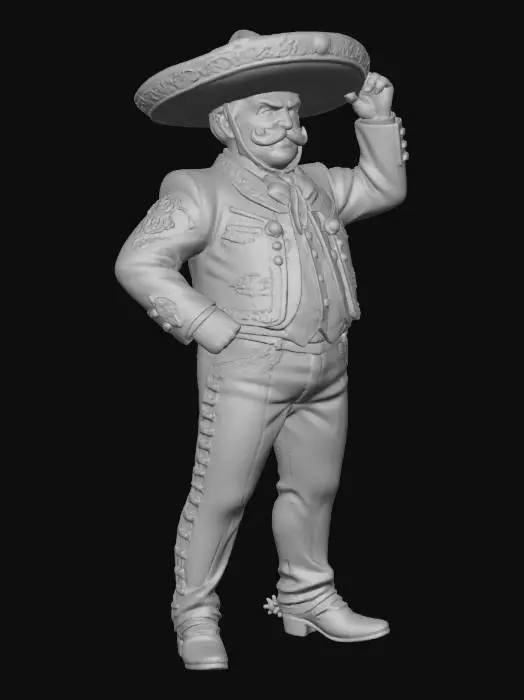 3D model for Toma como referencia la foto. Convierte a la persona en un personaje estilo anime. conserva su estatura . vestido con traje tradicional de charro. con su sombrero y botas. en colores negros con acentos en dorado. bordados en dorado con un bigote grande no barba. no usar pose en la foto usa una pose distinta no lentes.