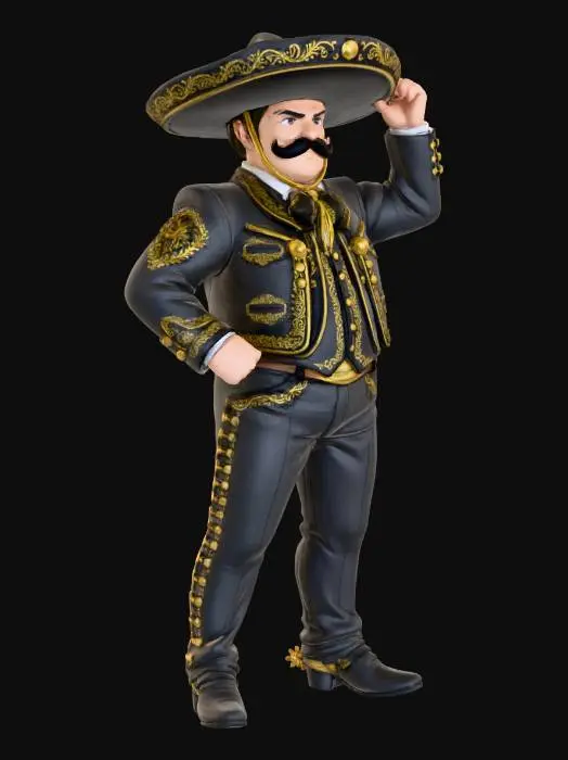 3D model for Toma como referencia la foto. Convierte a la persona en un personaje estilo anime. conserva su estatura . vestido con traje tradicional de charro. con su sombrero y botas. en colores negros con acentos en dorado. bordados en dorado con un bigote grande no barba. no usar pose en la foto usa una pose distinta no lentes.