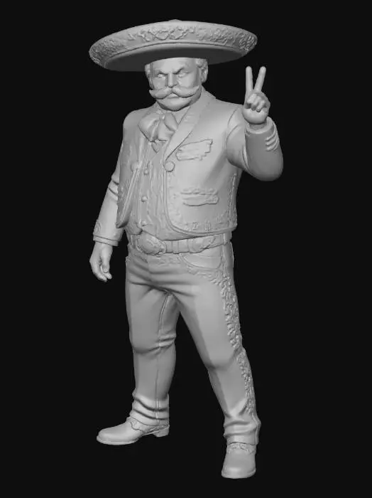 3D model for Toma como referencia la foto. Convierte a la persona en un personaje estilo anime. conserva su estatura . vestido con traje tradicional de charro. con su sombrero y botas. en colores negros con acentos en dorado. bordados en dorado con un bigote grande no barba.