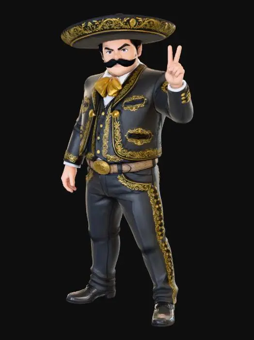 3D model for Toma como referencia la foto. Convierte a la persona en un personaje estilo anime. conserva su estatura . vestido con traje tradicional de charro. con su sombrero y botas. en colores negros con acentos en dorado. bordados en dorado con un bigote grande no barba.