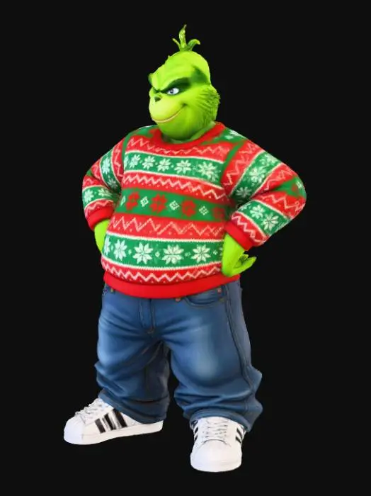 3D model for Toma como refrencia la foto. Conviertelo en un grinch de color verde y con traje navideño. en estilo cholo con sus jersey larga y ancha . jeans baggy que cubrean los apatos. tenis addidas. o algun tipo de converse. Mantener el cuerpo en talla mediana. En un estilo anime. Con sus mano en la cadra. con poses geniales estilo grinch