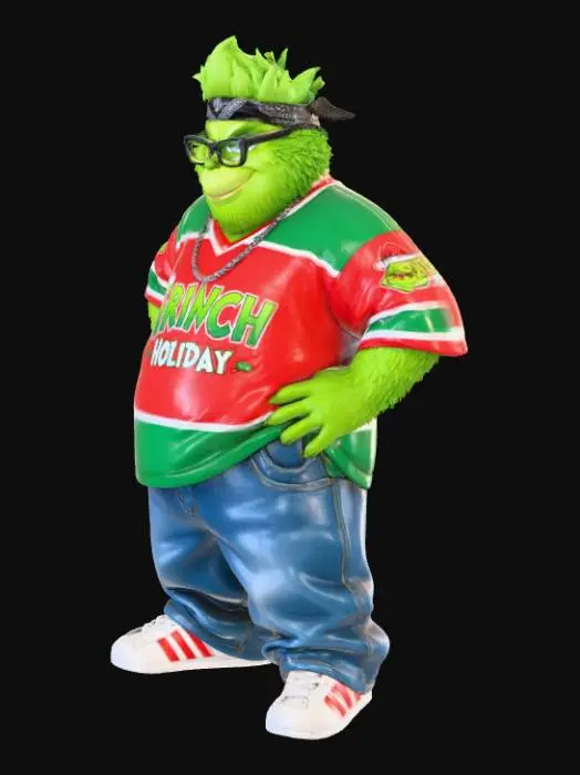 3D model for Toma como refrencia la foto. Conviertelo en un grinch de color verde y con traje navideño. en estilo cholo con sus jersey larga y ancha . jeans baggy que cubrean los apatos. tenis addidas. o algun tipo de converse. Mantener el cuerpo en talla mediana. En un estilo anime. Con sus mano en la cadra. con poses geniales estilo grinch