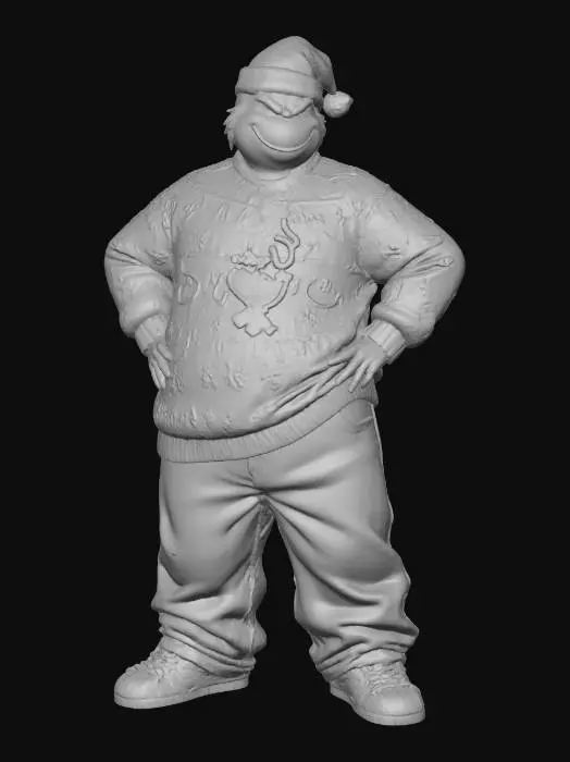 3D model for #Christmas2025#, Toma como refrencia la foto. Conviertelo en un grinch de color verde y con traje navideño. en estilo cholo con sus jersey larga y ancha . jeans baggy que cubrean los apatos. tenis addidas. o algun tipo de converse. Mantener el cuerpo en talla mediana. En un estilo anime. Con sus mano en la cadra. con poses geniales estilo grinch