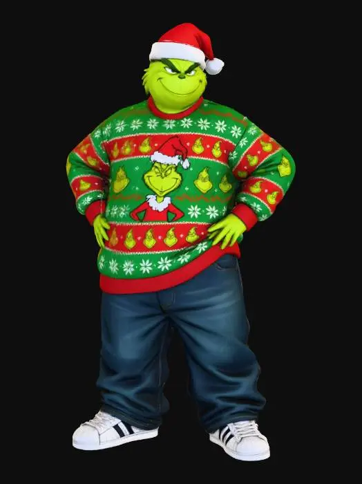 3D model for #Christmas2025#, Toma como refrencia la foto. Conviertelo en un grinch de color verde y con traje navideño. en estilo cholo con sus jersey larga y ancha . jeans baggy que cubrean los apatos. tenis addidas. o algun tipo de converse. Mantener el cuerpo en talla mediana. En un estilo anime. Con sus mano en la cadra. con poses geniales estilo grinch