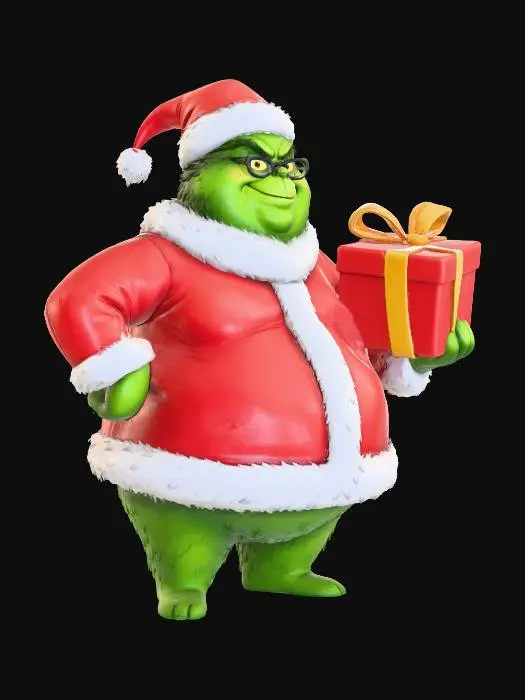 3D model for Toma como refrencia la foto. Conviertelo en un grinch de color verde y con traje navideño. Mantener el cuerpo en talla xl. En un estilo de caricatura. En estilo gimbli. Con sus mano en la cadra y en la otra un regalo en colores rojos  y moño dorado.