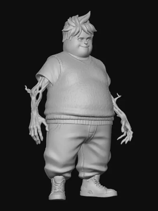 3D model for #Christmas2025#, Toma como refrencia la foto. Conviertelo en un personaje de anime. como un snowman. pero con apariencia humana sin abandonar  el estilo snowman con sus brazos de rama. estilo jack frost. manten el cuerpo mediano. no lentes. usar ropa como chalecos y botas conversese. pantalones cholo.