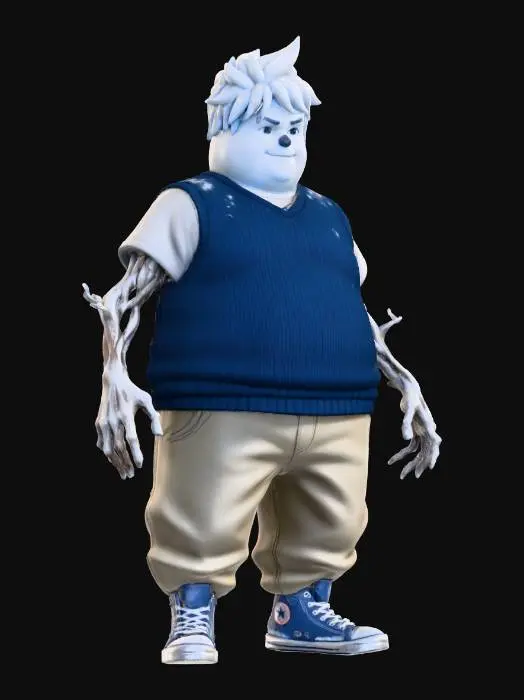 3D model for #Christmas2025#, Toma como refrencia la foto. Conviertelo en un personaje de anime. como un snowman. pero con apariencia humana sin abandonar  el estilo snowman con sus brazos de rama. estilo jack frost. manten el cuerpo mediano. no lentes. usar ropa como chalecos y botas conversese. pantalones cholo.