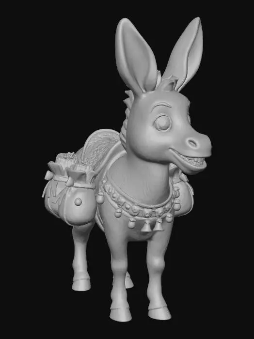 3D model for #Christmas2025#, crear un burrito sabanero. tomar como referencia a un animal. en este caso un burro. hacerlo estilo anime. en sus cuatro patas. con carga en en cada lado atado sobre su cuerpo. la montura con arreglos de navidad. el burro enun color cafe con gris las orejas grandes. sonriendo con los dientes. ojos grandes.