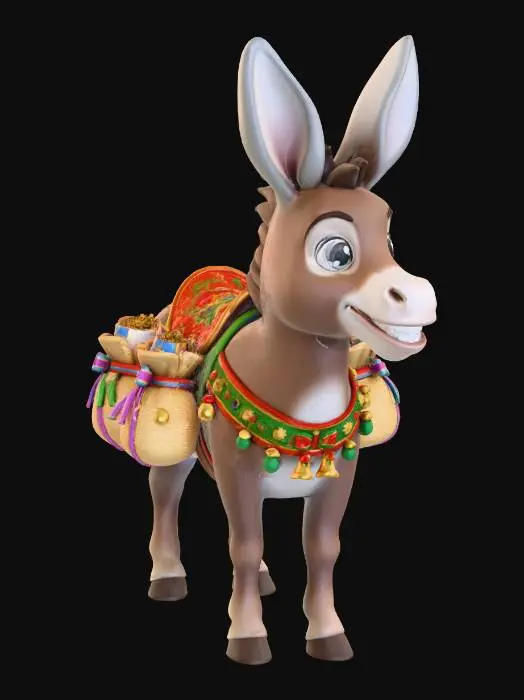 3D model for #Christmas2025#, crear un burrito sabanero. tomar como referencia a un animal. en este caso un burro. hacerlo estilo anime. en sus cuatro patas. con carga en en cada lado atado sobre su cuerpo. la montura con arreglos de navidad. el burro enun color cafe con gris las orejas grandes. sonriendo con los dientes. ojos grandes.