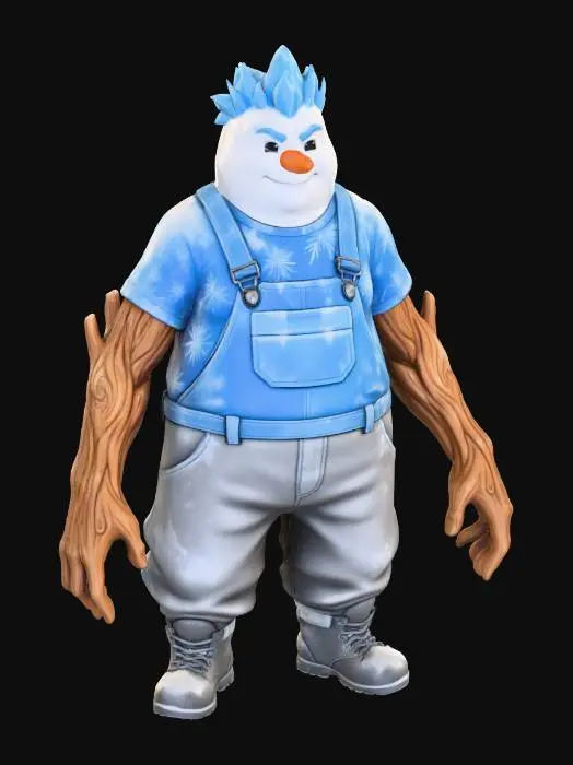 3D model for #Christmas2025#, Toma como refrencia la foto. Conviertelo en un personaje de anime. como un snowman. pero con apariencia humana sin abandonar  el estilo snowman con sus brazos de rama. estilo jack frost. manten el cuerpo mediano. no lentes. usar ropa como overoles ,pantalones cholo.ropa en colores frios. mostrar mas los brazos en textura de madera. tambien favorecer el uso de cabello en forma de hielo.