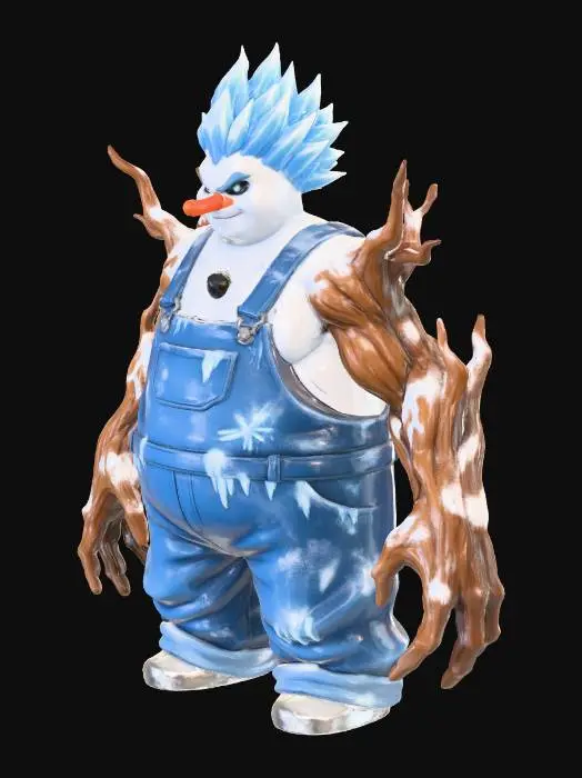 3D model for #Christmas2025#, Toma como refrencia la foto. Conviertelo en un personaje de anime. como un snowman. pero con apariencia humana sin abandonar  el estilo snowman con sus brazos de rama. estilo jack frost. manten el cuerpo mediano. no lentes. usar ropa como overoles ,pantalones cholo.ropa en colores frios. mostrar mas los brazos en textura de madera. tambien favorecer el uso de cabello en forma de hielo. con nariz de zanahoria. y ojos de carbon. usar solo el overol. usa la cara o el rostro parecido a jack frost