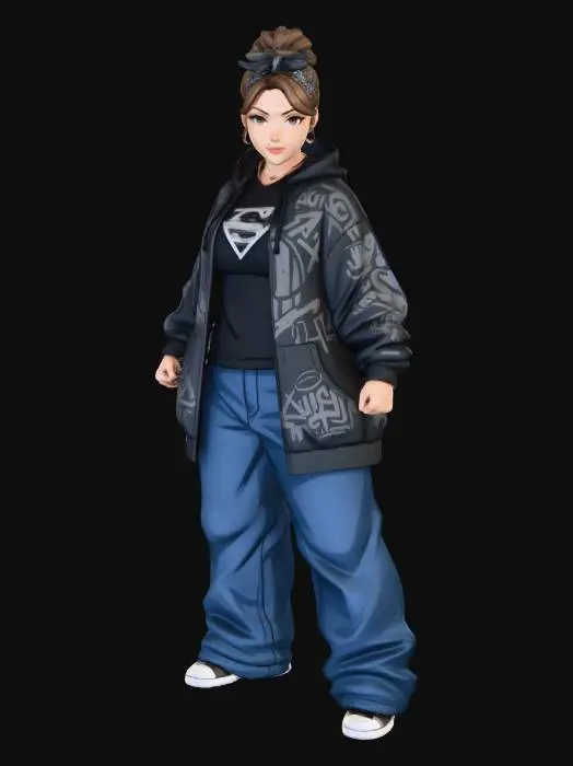 3D model for Toma como referencia la foto. Convierte a la persona en un personaje estilo anime. conserva su estatura y cuerpo. no lentes no sombrero. ropa estilo homie. cholo. con pantalones cholos. que cubran los pies. y solo la punta de los tenis salga. Usando ropa  de super heroe. Poses de superheroe.