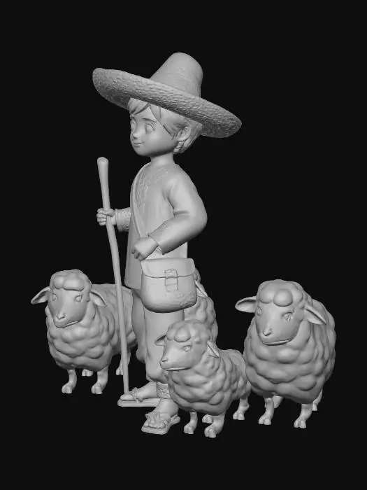 3D model for #Christmas2025#, pastorsito con sus ovejas. con traje de mexico todo blanco y sus sandalias con sombrero grande de paja. piel morena. con un morral en un constado, y un baston para encaminar las ovejas, las ovejas llenas de lana.  3 ovejas blancas y una negra.  en estilo anime