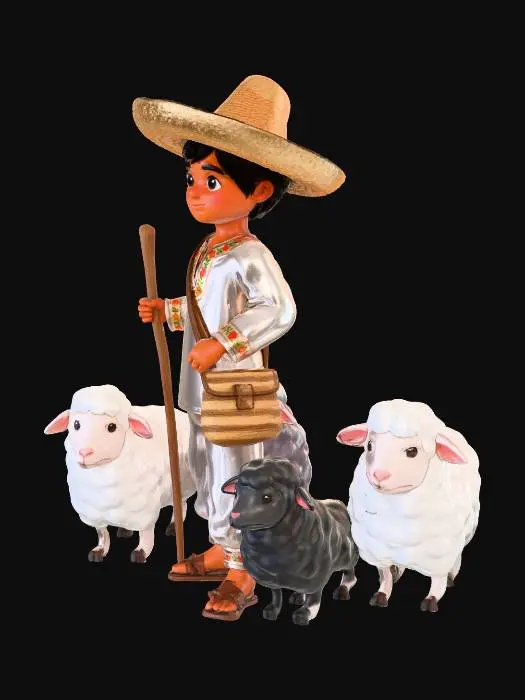 3D model for #Christmas2025#, pastorsito con sus ovejas. con traje de mexico todo blanco y sus sandalias con sombrero grande de paja. piel morena. con un morral en un constado, y un baston para encaminar las ovejas, las ovejas llenas de lana.  3 ovejas blancas y una negra.  en estilo anime
