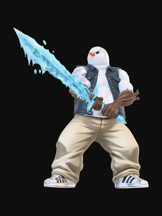 3D model for #Christmas2025#, Toma como refrencia la foto. Conviertelo en un personaje de anime. como un snowman. pero con apariencia humana sin abandonar  el estilo snowman con sus brazos de rama musculosos . estilo jack frost. manten el cuerpo mediano. no lentes. usar ropa como chalecos y adidas  como tenis. pantalones cholo. que cubran las botas. con una  espada de hielo. en posicion de ataque. hacer el modelo alto y musculoso.