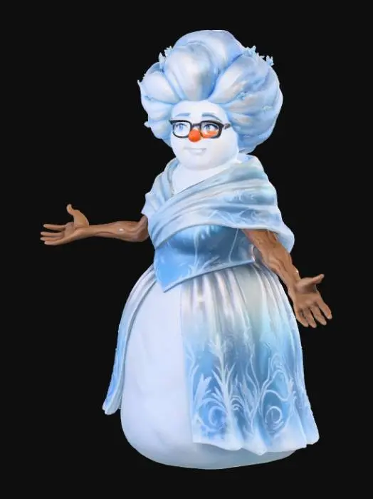 3D model for #Christmas2025#, Toma como refrencia la foto. Conviertelo en un personaje de anime. como un snow woman.  sin abandonar  el estilo snowman estilo jack frost. manten el cuerpo mediano.  lentes. usar ropa femenina.ropa en colores frios. mostrar mas los brazos en textura de madera. tambien favorecer el uso de cabello en forma de nieve . Nariz de zanahoria. Cuerpo entero .