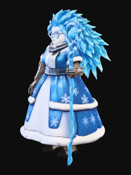 3D model for #Christmas2025#, Toma como refrencia la foto. Conviertelo en un personaje de anime. como un snow woman.  sin abandonar  el estilo snowman estilo jack frost. manten el cuerpo mediano.  lentes. usar ropa femenina.ropa en colores frios. mostrar mas los brazos en textura de madera. tambien favorecer el uso de cabello en forma de hielo.