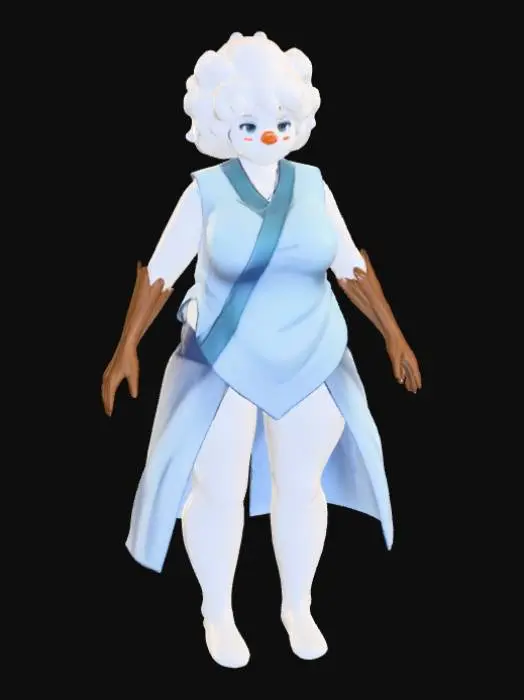 3D model for #Christmas2025#, Toma como refrencia la foto. Conviertelo en un personaje de anime. como un snow woman.  sin abandonar  el estilo snowman estilo jack frost. manten el cuerpo mediano. usar ropa de mujer .ropa en colores frios. mostrar mas los brazos en textura de madera. tambien favorecer el uso de cabello en forma de nieve . Nariz  pequeña en color naranja .Mostrar  Cuerpo entero .